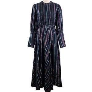 Farm Rio‎ Metallic Lurex Stripe Black Long-Sleeve Midi Dress | Women's XS